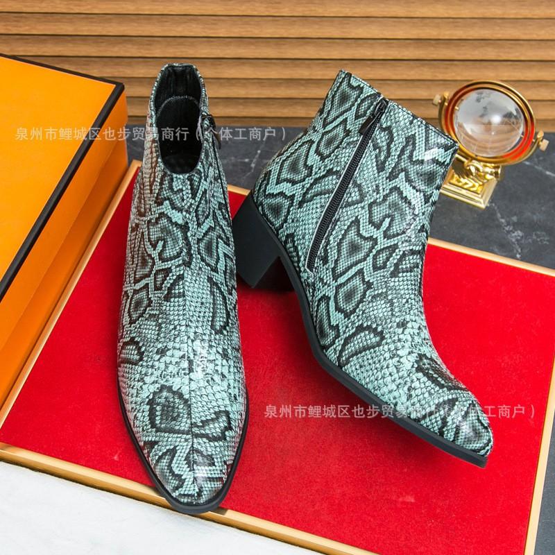 MensBritish StyleBritish Style Mens Snake Print High Top Leather Boots Side Zip Pointed Toe Platform Dress Shoes Sizes