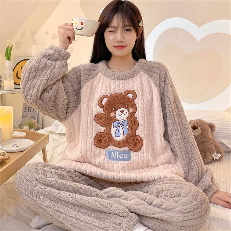 

Новая осенне-зимняя плюшевая пижама с круглым воротником для женщин, утолщенная теплая милая мультяшная фланелевая домашняя одежда XL