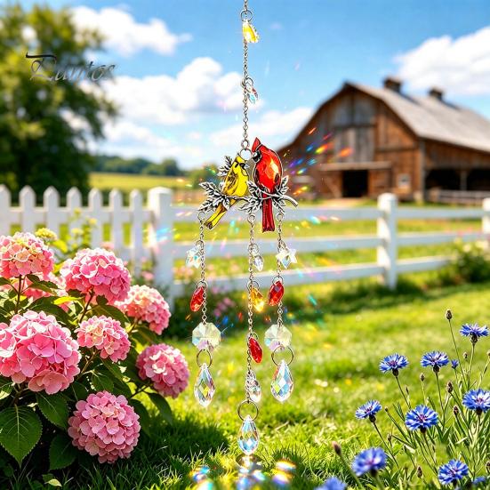 Colorful Light Catching Decor Cardinals Faux Crystals Suncatcher, Hanging Sun Catcher for Windows, Bird Wind Retro Chime Garden Chimes with