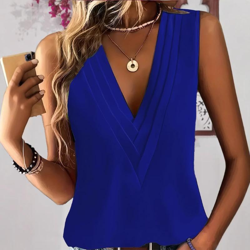 Topy Wiosna Lato Damskie Moda Eleganckie Jednolity Kolor Dekolt V Plisowane Wygodne Codzienne Duży Rozmiar Bez Rękawów Damskie Kamizelki Kamizelka