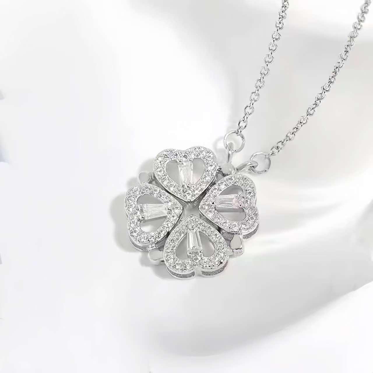 S925 Sterling Silver Four-Leaf Clover Heart Necklace for Women with Cross Chain 925 Silver