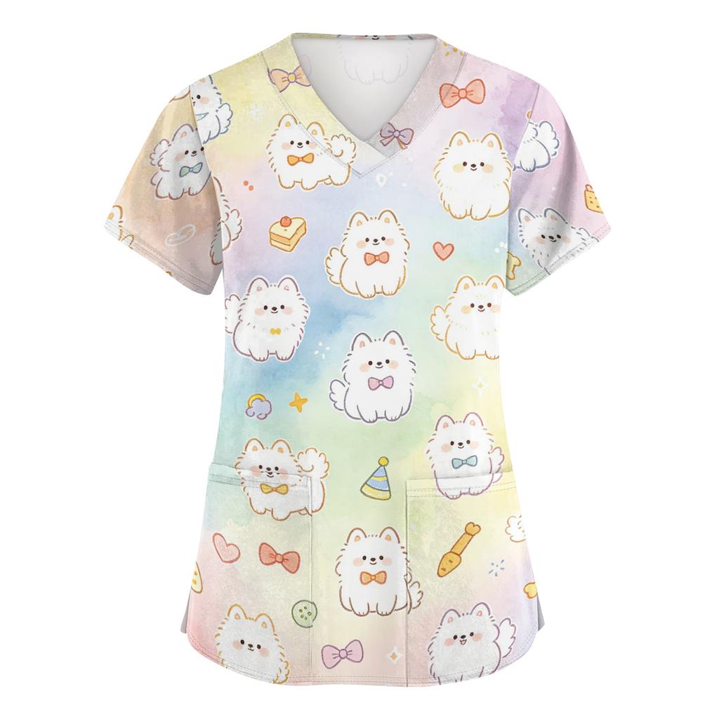 Damen V-Ausschnitt Kurzarm Arbeits-Top mit Taschen Tierprint Kasack für medizinisches Fachpersonal Bequeme Passform