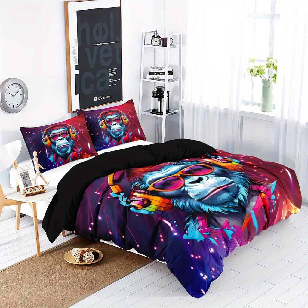 3Pcs Monkey Element Pattern Duvet Cover Set (1 Duvet Cover + 2 Pillowcases Coreless) Cool Background Bedding Set Soft