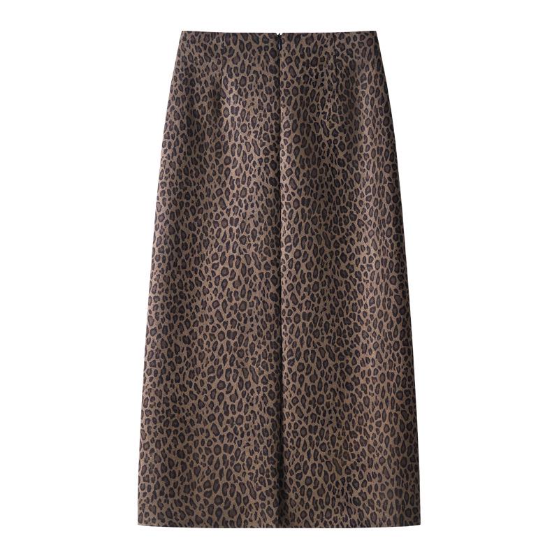 2024 Women's Gray Leopard Woolen Midi Skirt - Autumn/Winter Style, Straight Bodycon with Slit