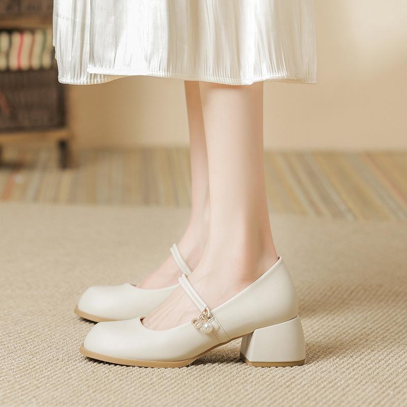 Leather flat for Huizhou women's shoes Su Yinyin same single shoes thick heel Korean version spring new Mary Jane shoes