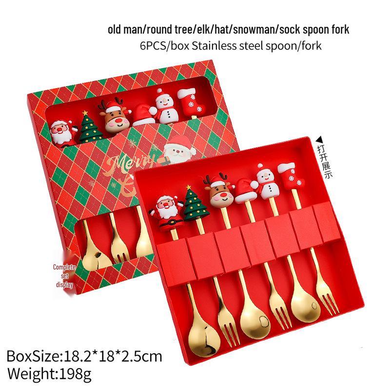 Christmas Cartoon Cutlery Set: Forks, Spoons, and Gift Box Featuring Cute Reindeer and Tree Designs.