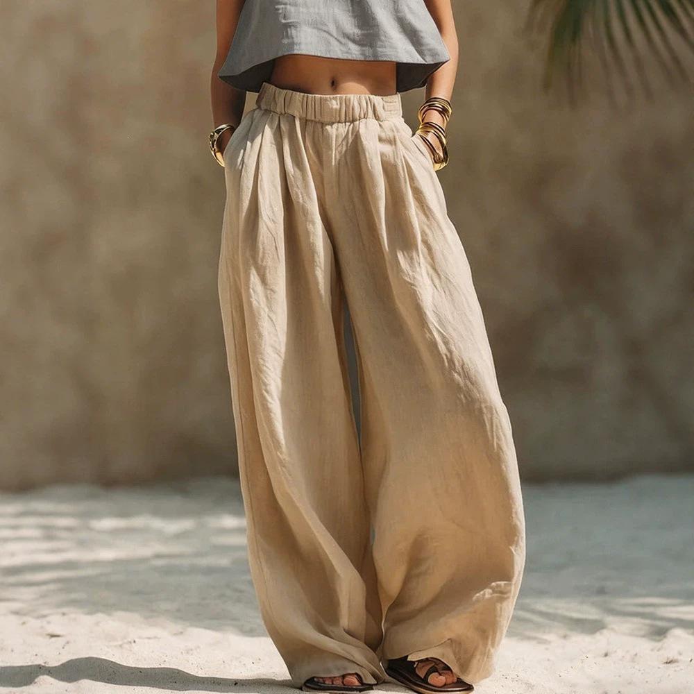 2026 Women's European American Spring/Autumn Casual Loose Pants with Pockets, Elastic Waist, Solid Color