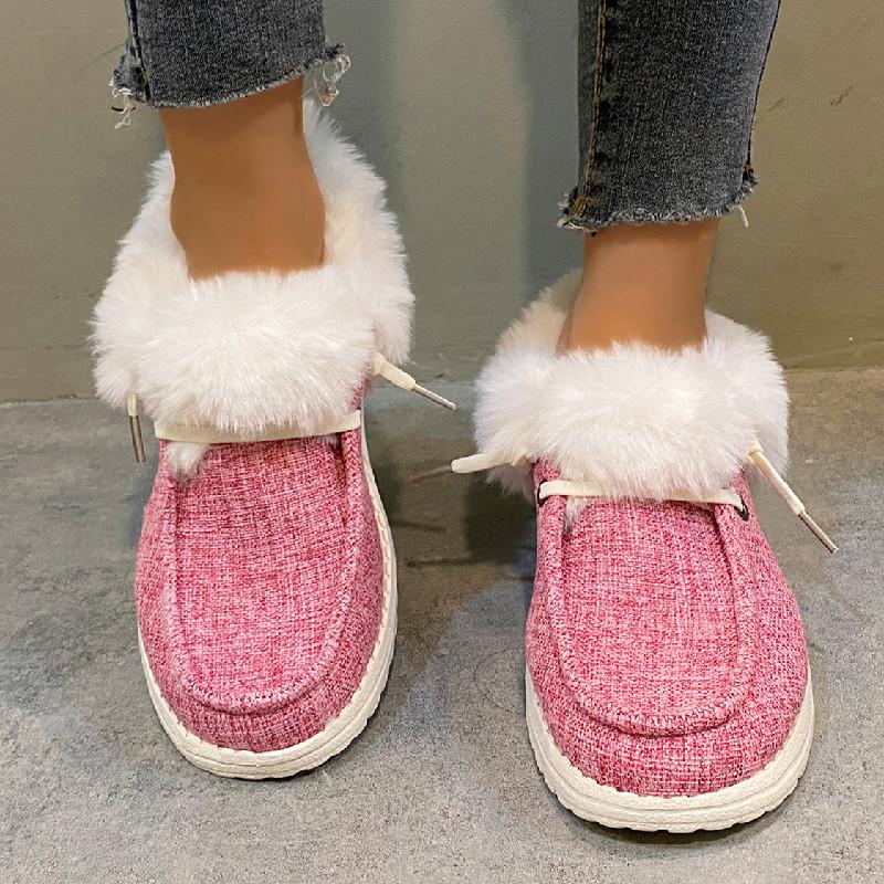 Cross-border foreign trade low-top lace-up cotton shoes women's autumn and winter round head plush mouth flat-bottomed snow boots