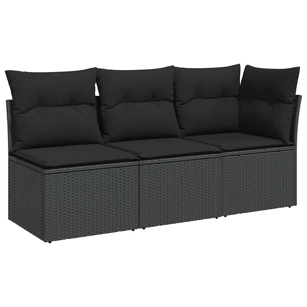 Vidaxl Garden Sofa With Cushions, 3-Seater, Black, Poly Rattan