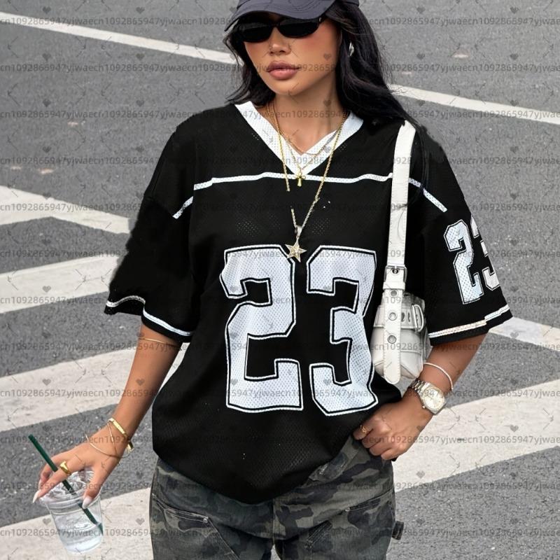 

26 Women American Retro 23 Print Lightweight Breathable Mesh fabric V-Neck Short Sleeved baseball T-Shirt Women Jersey T-Shirt S