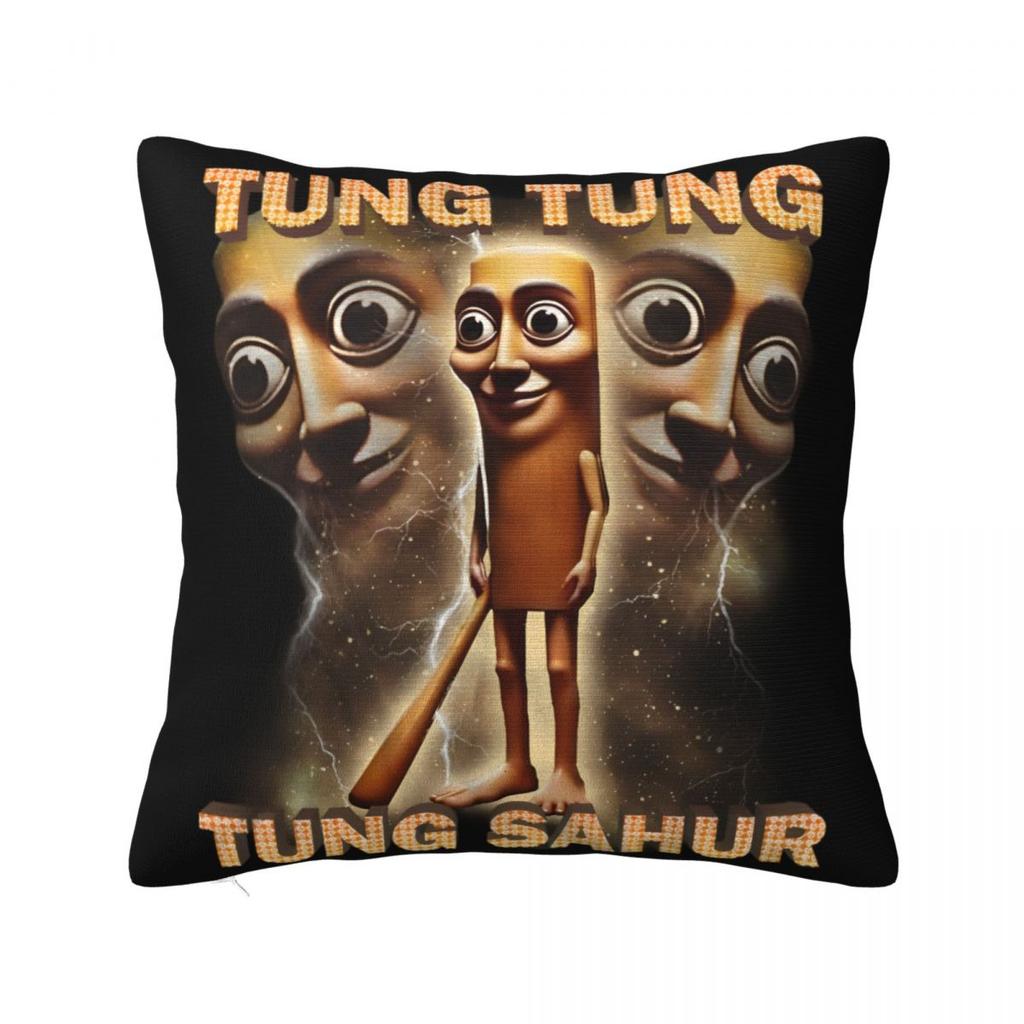 Tung Tung Tung Sahur Square Pillow Cases Italian Brainrot Meme Cushion Cover Vintage Polyester Decor Pillowcase for Living Room