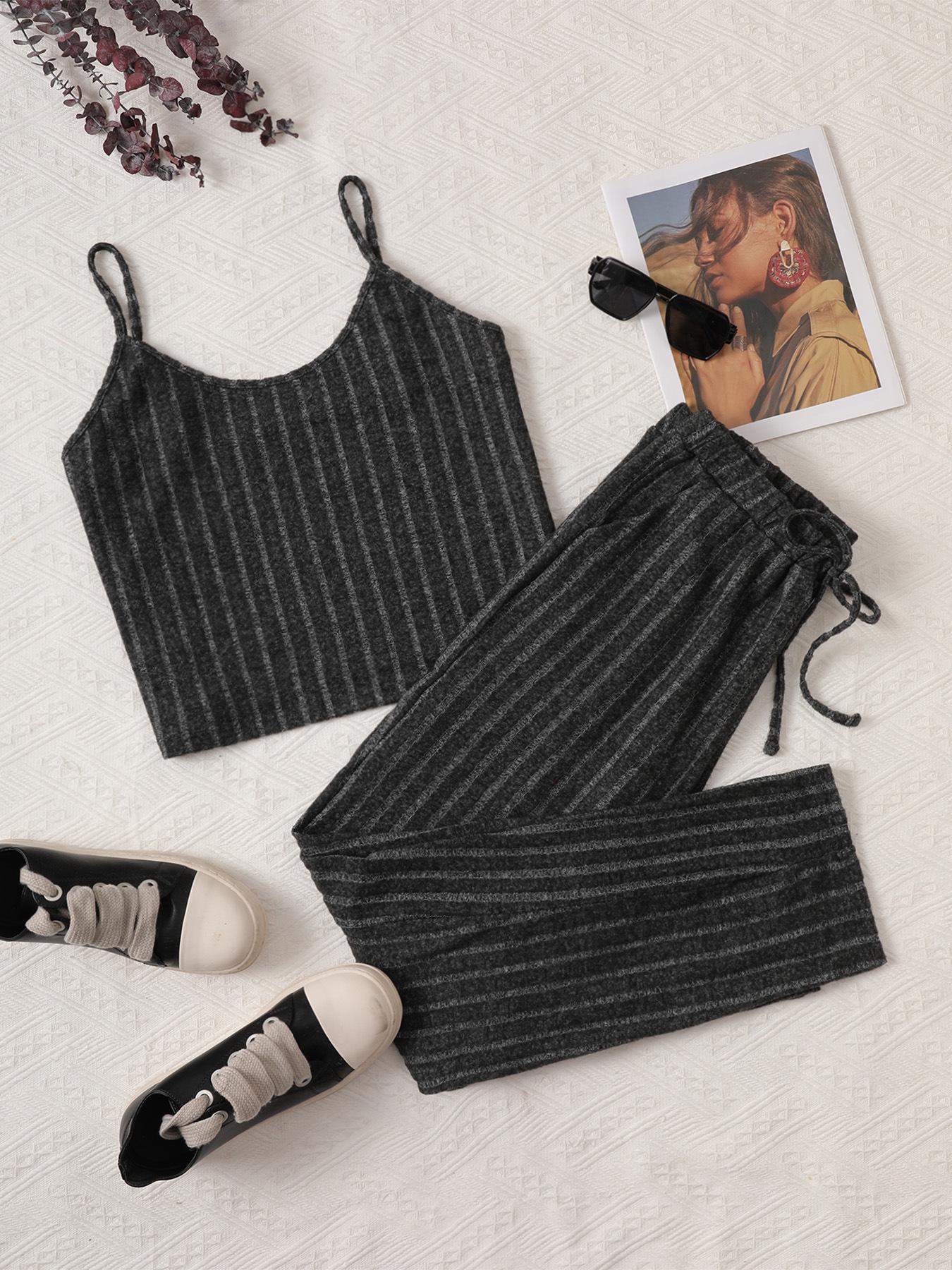 2026 Women s Casual Two-Piece Set: Camisole & Tie-Up Pants 1XL темно-серого