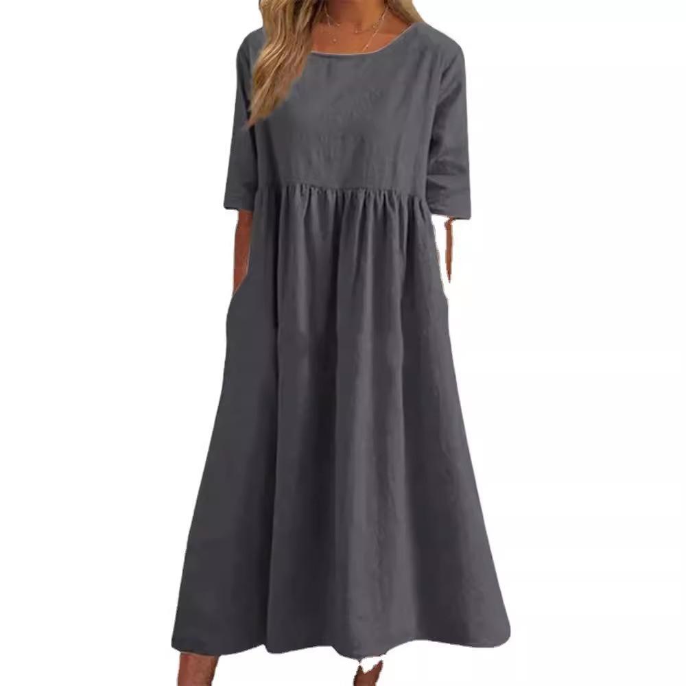 Frühlings- und Sommerkleid mit Rundhalsausschnitt, lässig, locker, einfarbig