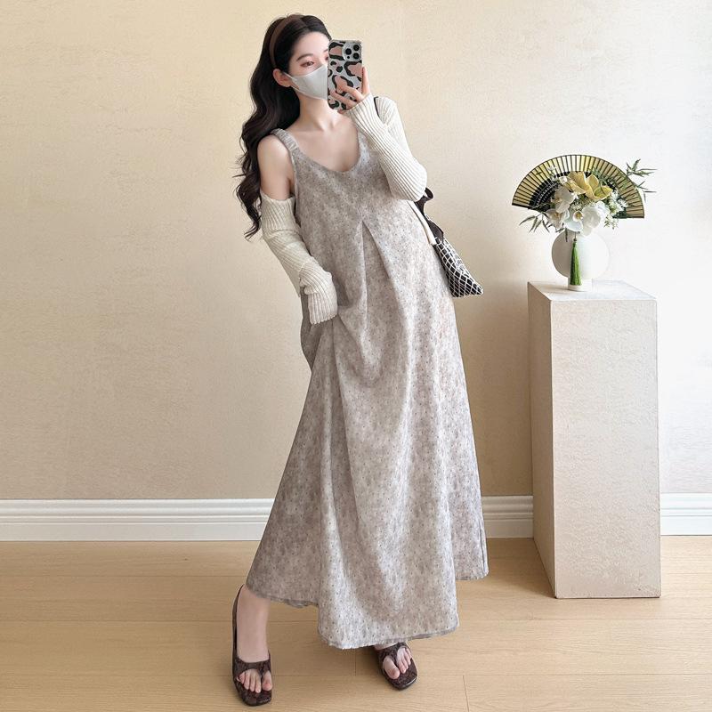 Korean Style Chiffon Maternity Camisole Dress & Cardigan Two-Piece Set (Spring 2026) M