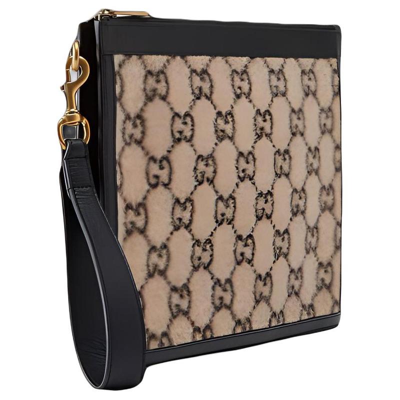Gucci Pulseira com logo de flor antiga desgastada, bolsa de mão de couro com retalhos de lã, mesmo estilo para homens e mulheres, estilo casal, bege/preto