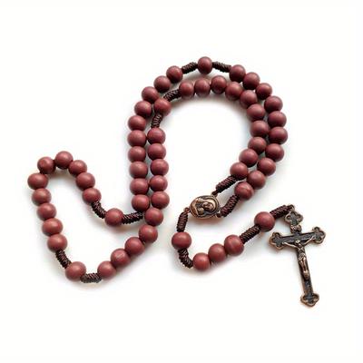 Collier tissé à la main avec perles de bois marron, pendentif croix rétro, chapelet, bijoux religieux