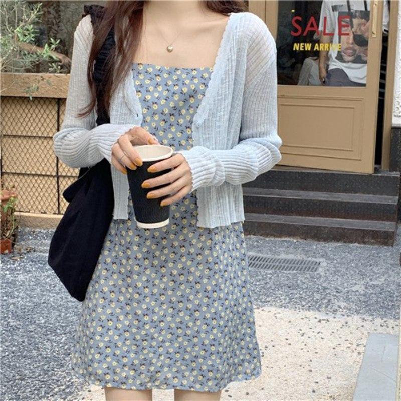 Summer Women Thin V-Neck Knitted Cardigan Single-breasted Ice Silk Air-conditioning Shirt Outside Sunscreen Top