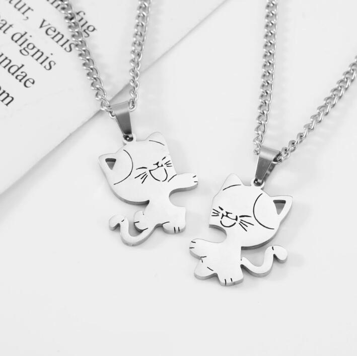 High-end Stainless Steel Bamboo Chain Animal Shape Cat Hugs Couple Pendant Necklaces for Unisex Best Friend Gifts