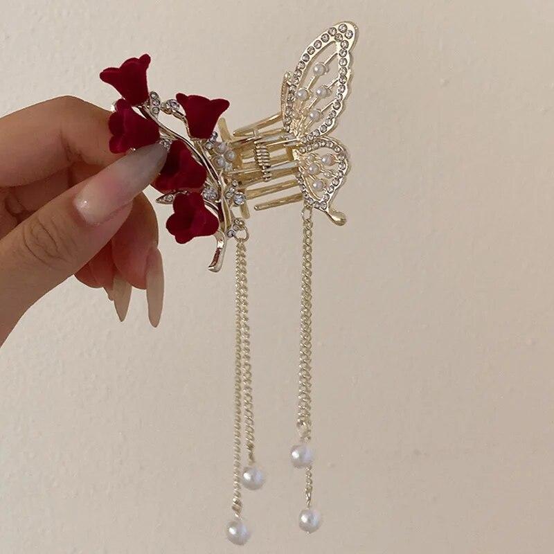 Vintage Velvet Red Rose Hair Claws For Women Luxury Metal Clamp Clip Barrettes Hairpins New Rhinestone Hair Accessories Headwear