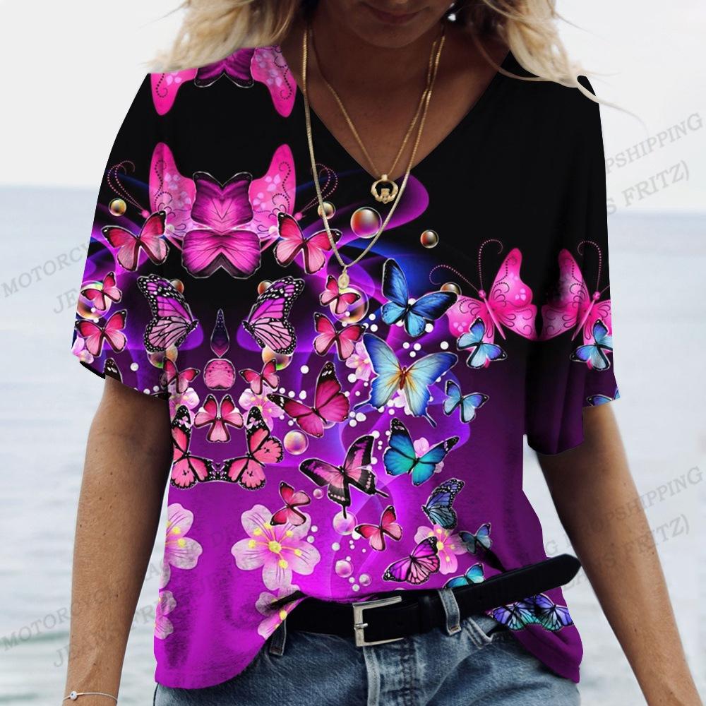 

Summer Women s V-neck Fashion Short Sleeved Leisure T-shirt Trendy Loose T-shirt S