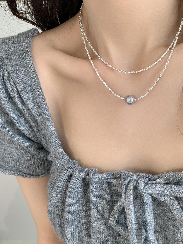Elegant Silver Pearl Geometric Necklace - High-End Versatile Clavicle Chain for Women, New Style Glam with Fine Glitter
