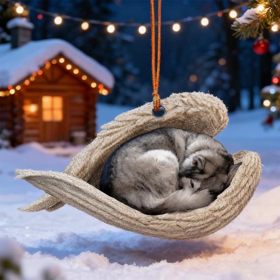 Dog Sleeping In Angel Wings Ornament 2D Flat Car Rear View Mirror Hanging Charm Pet Memorial Keepsake for Christmas Tree Car Interior Accessories