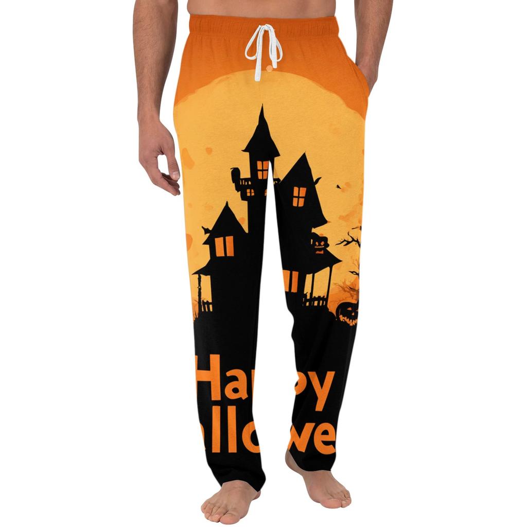 Men's Halloween Print Pocket Casual Lounge Pants Drawstring Waist Relaxed Fit Soft Fabric Sleepwear Bottoms for Indoor Outdoor Use
