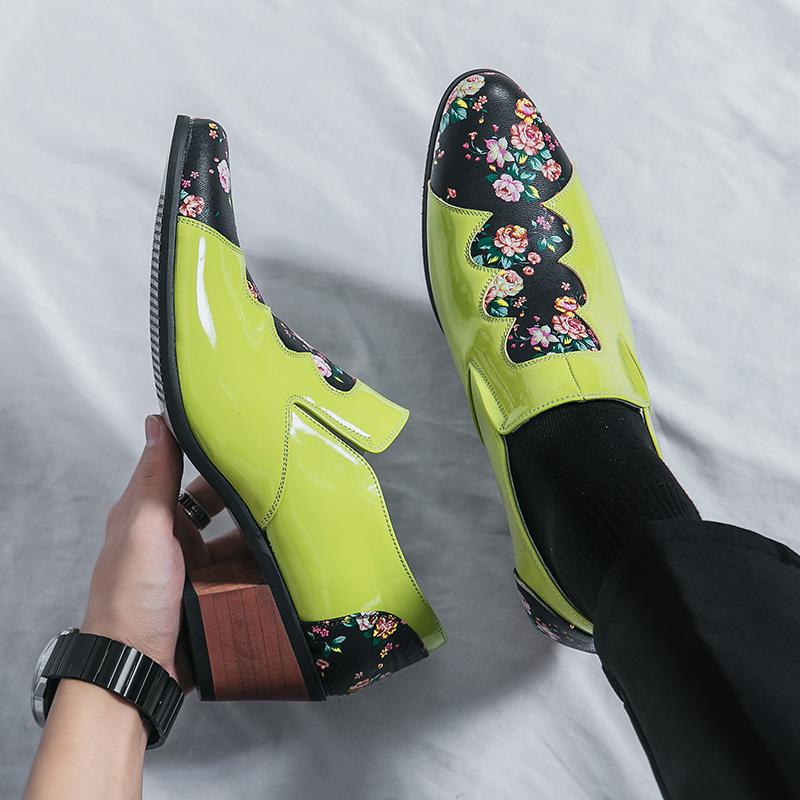 Men's White Flower Printed Dance Shoes Leather High Heels Wedding Dress Shoes Tuxedo Prom Blazers Red Dress Shoes Plus Size