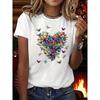 Watercolor Floral Heart Graphic T-Shirt Women’s Casual Short Sleeve Romantic Flower Print Top for Daily Wear