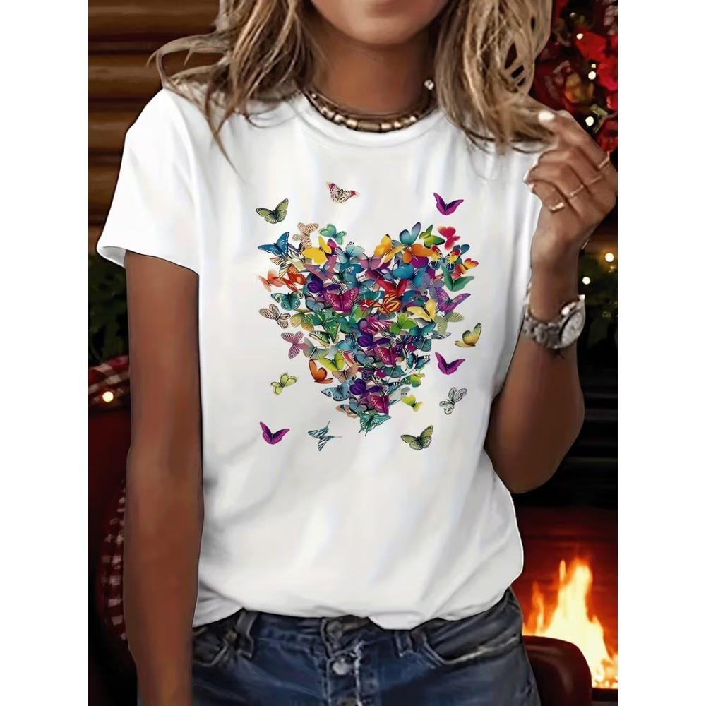 Watercolor Floral Heart Graphic T-Shirt Women’s Casual Short Sleeve Romantic Flower Print Top for Daily Wear