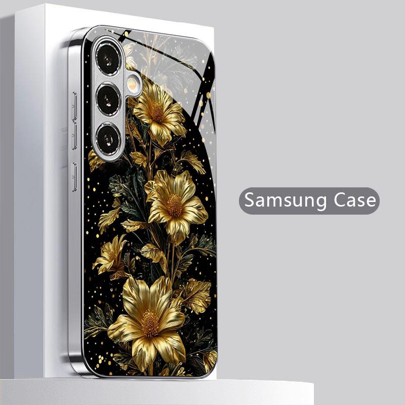 Metal Floral Pattern 2D Phone Case for Samsung S26 S25 S24 S23 S22 S21 S20 A56 A36 A16 - Electroplated Glass Protective Cover