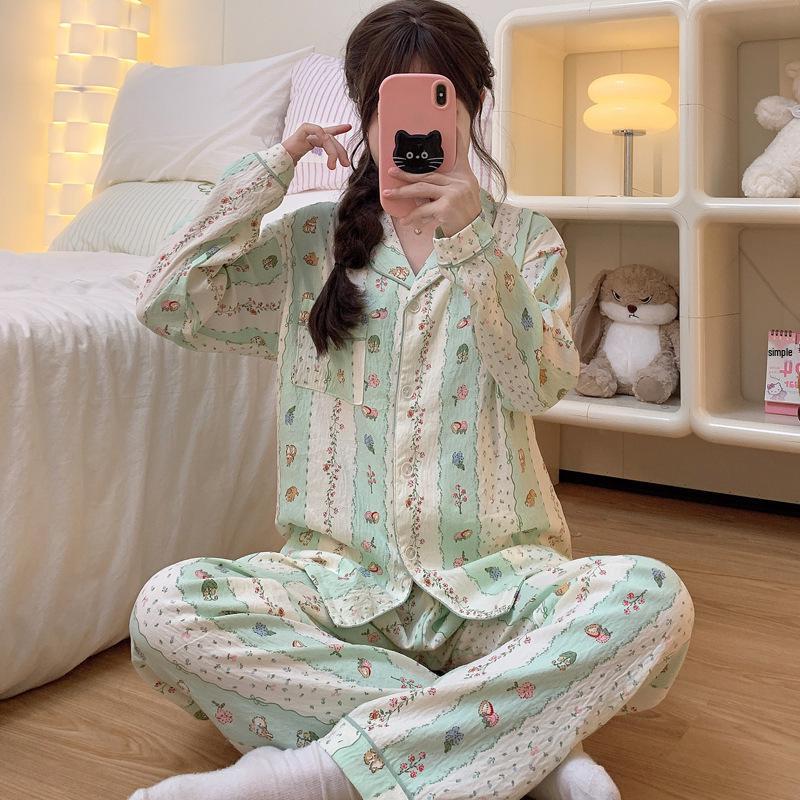 Cloud Cotton Korean Style Striped Plaid Pajama Set: Long Sleeve Cardigan & Pants for Indoor/Outdoor Wear, Real Shot.