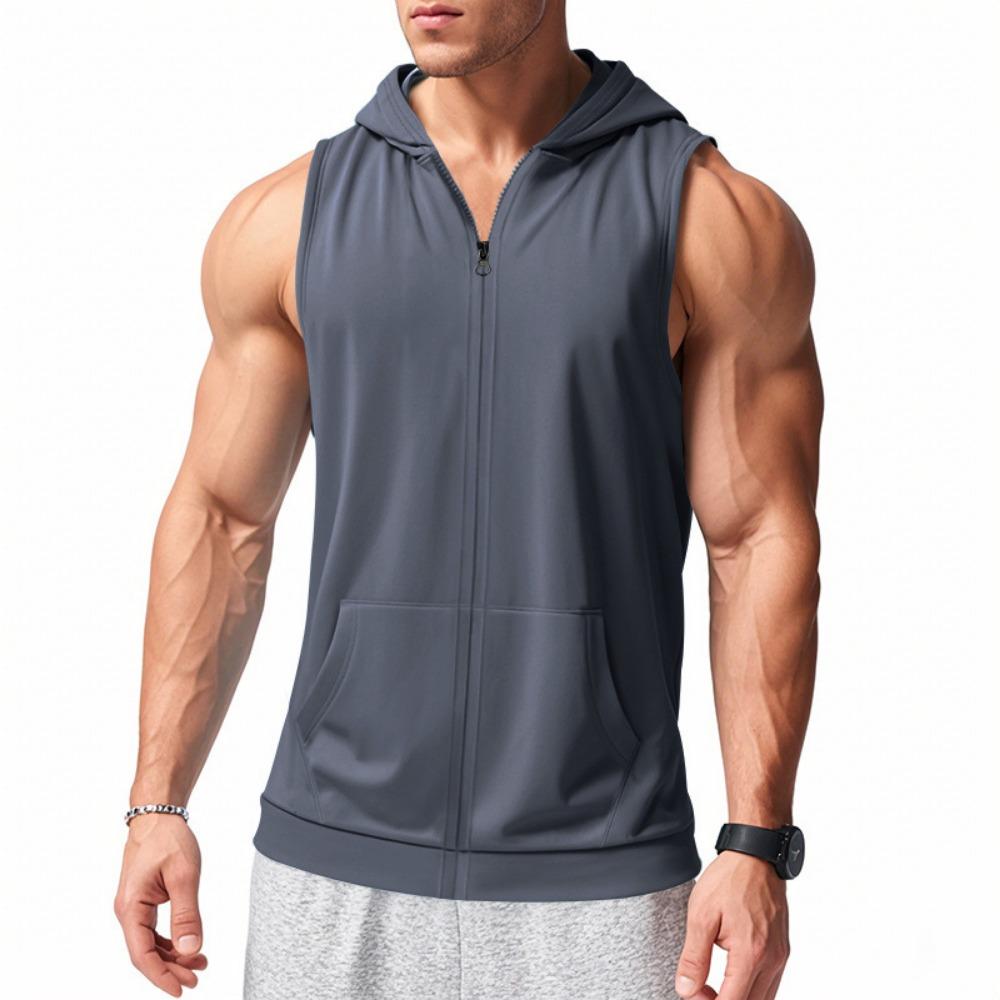 

Summer Men s Hooded Zippered Fitness Sports Breathable Sleeveless T-shirt Male S серый