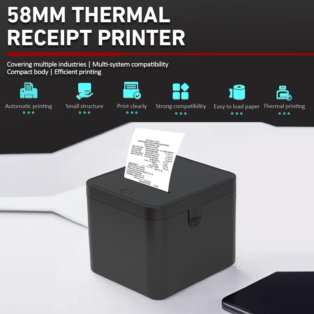 SIMBAE 58mm Receipt Printer, POS Printer, USB+BT Desktop Direct Thermal Printing Support, ESC/POS Compatible, for Delivery, Business, Restaurant, Kitc