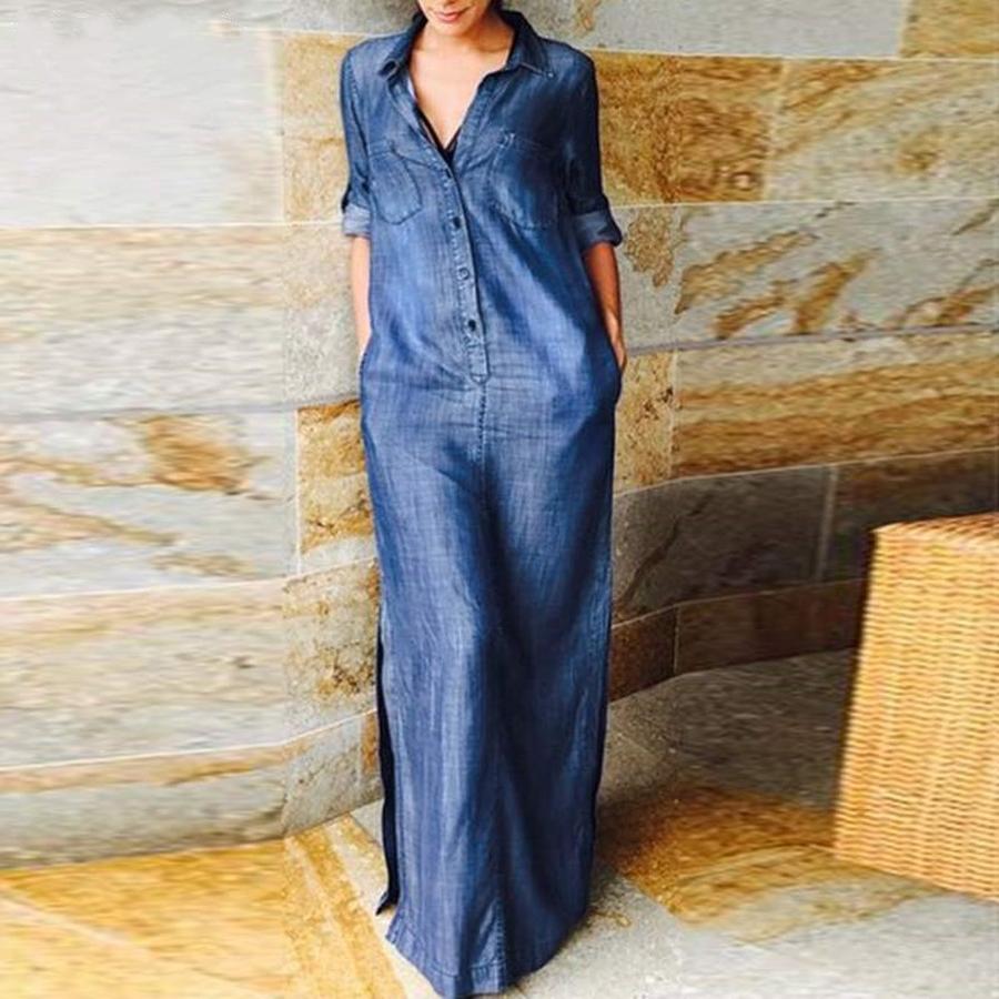 Women's Elegant Fashion Oversized Long Sleeve Shirt Dress Denim Maxi Coat Dress