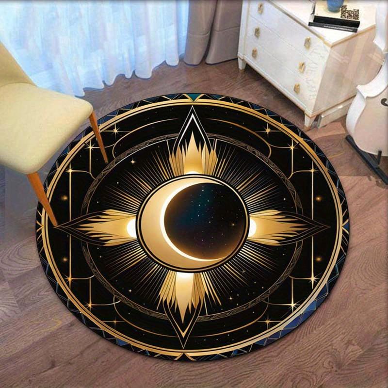 

Sun moon eclipse celestial design round rug crystal velvet floor mat golden black cosmic art home decor anti slip carpet bedroom 60cm x 60cm