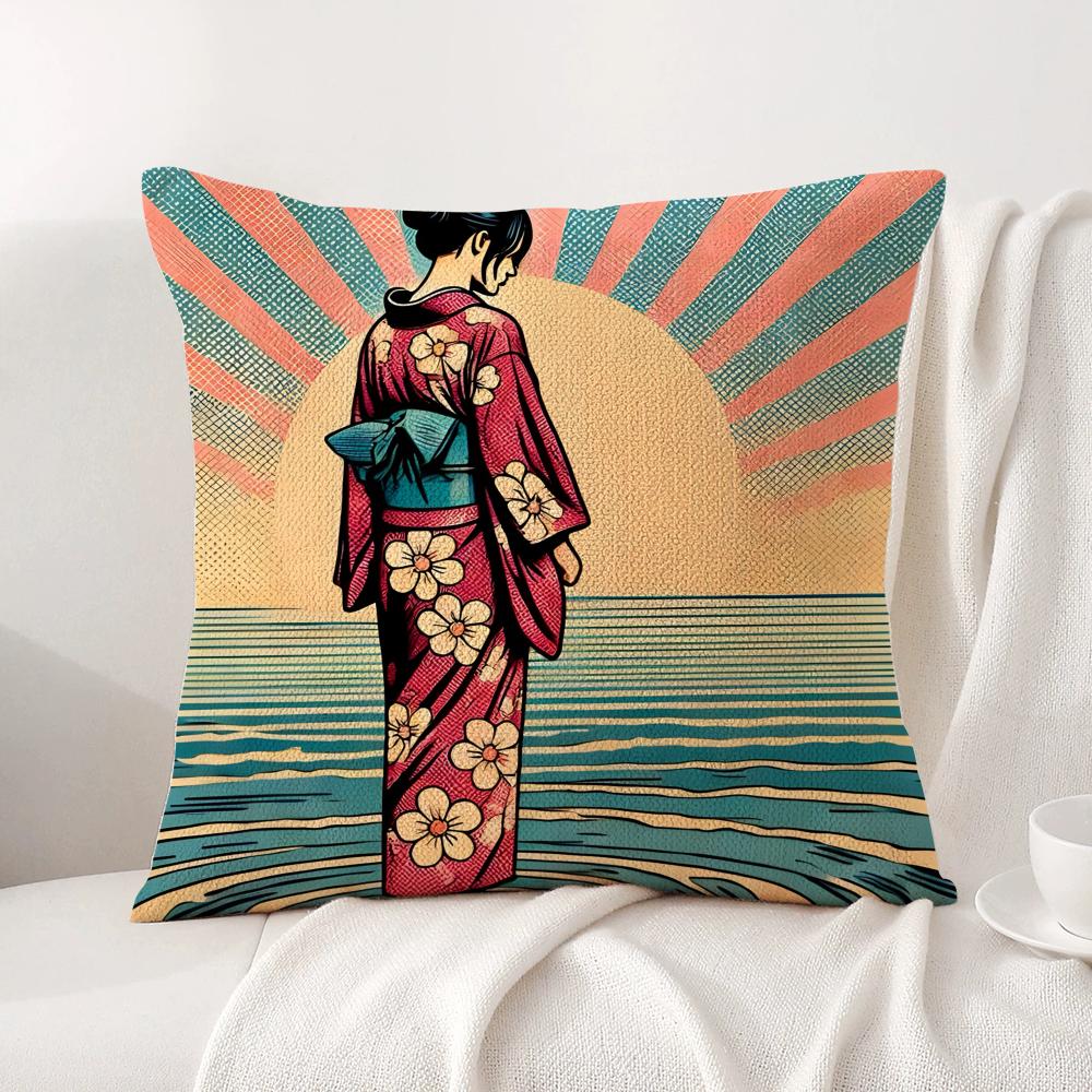 Classic Retro Japanese Lady Cushion Cover Natural Linen Organic Fabric DoubleSided Printing Sofa Home Decor Breathable