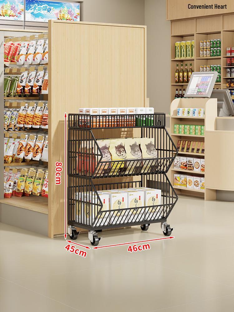 Multi-Layer Snack Display Rack with Wheels for Supermarket or Convenience Store