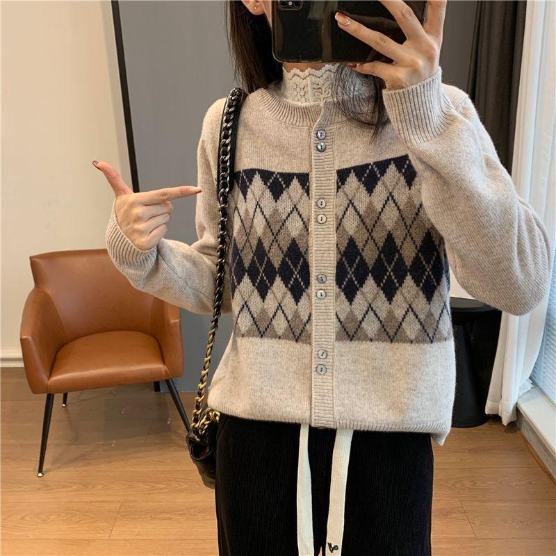 

Свитер в стиле ретро, ​​клетчатый вязаный кардиган, женский осенне-зимний свитер с подкладкой и круглым вырезом, пальто премиум-класса, свитер с длинными рукавами, топ