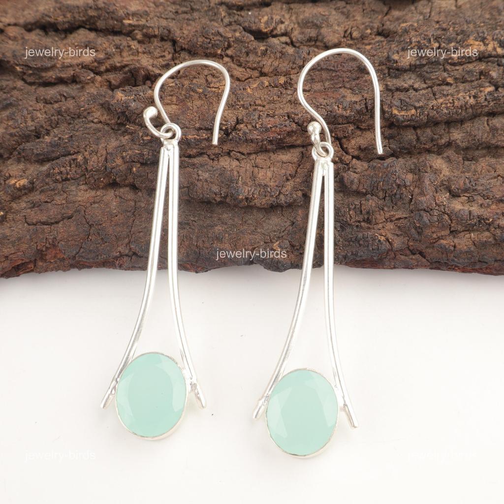Natural Aqua Chalcedony 925 Sterling Silver Mothers Day Dangling Hook Earrings EE-136-16