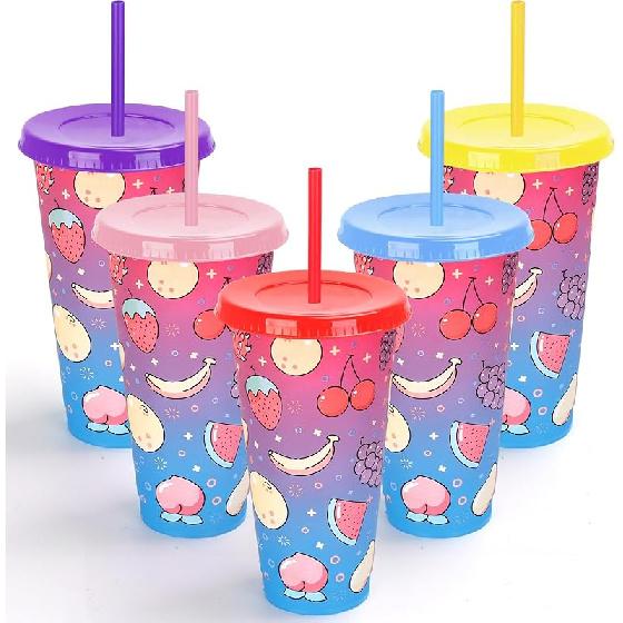 Color Changing Cups, 5-Pack 24 oz Plastic Cups with Lids and Straws, Tumblers and Water Glasses for Adults, Kids Party, Cute Cups for Ice Drink