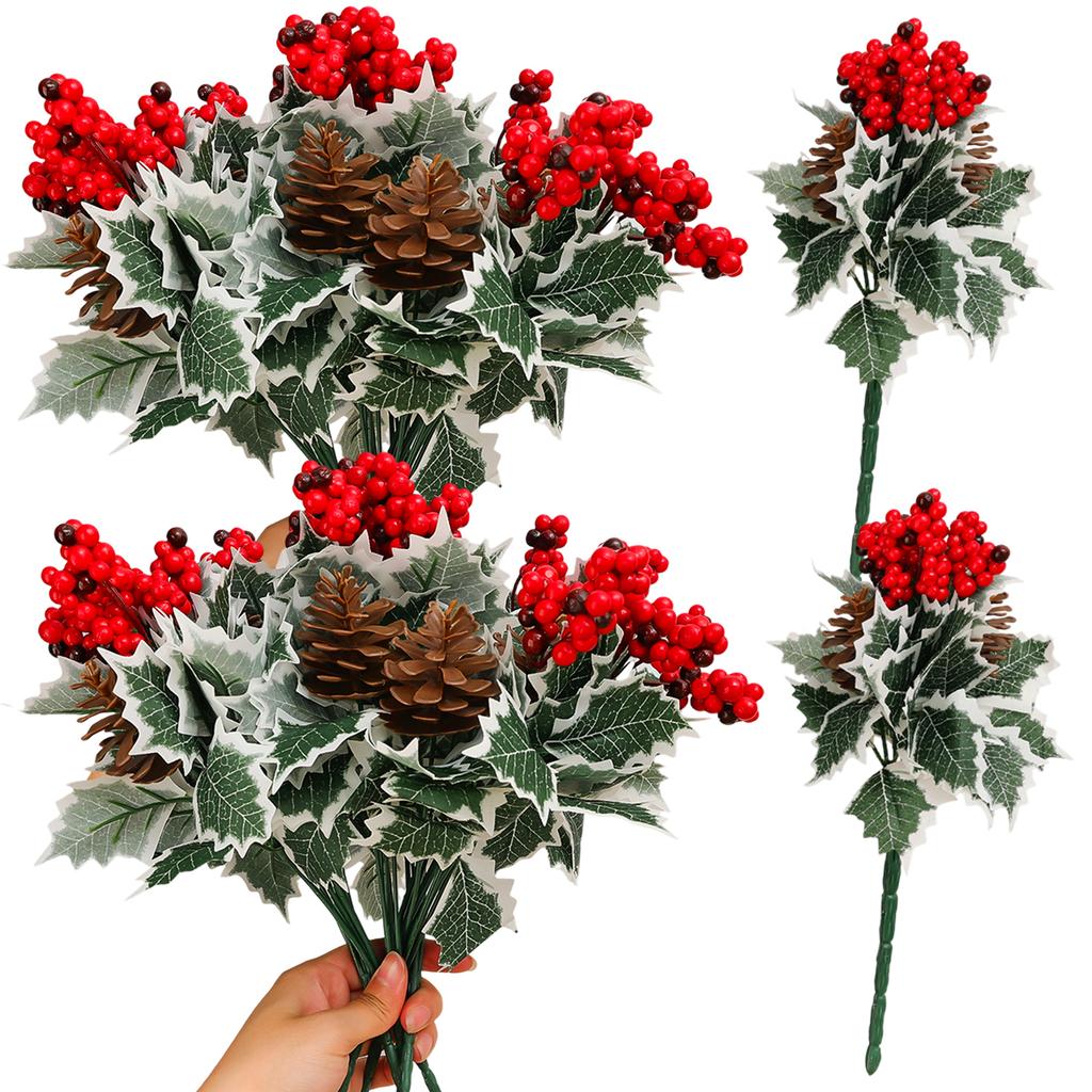 Christmas Red Fake Holly Berries Flower Artificial Berry Pine Cone Branch Xmas Tree Ornament DIY Garland Festival Party Decor