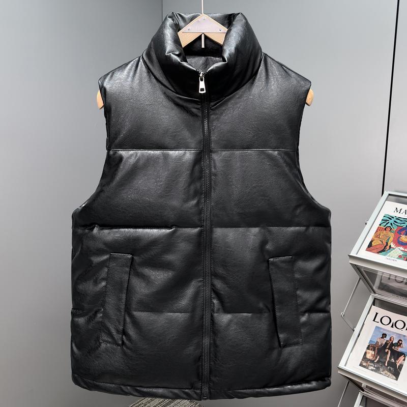 Fashion Winter Men's Sleeveless Jackets Plus Size Thick Waterproof Black Faux Leather Outerwears Man Warm Vest