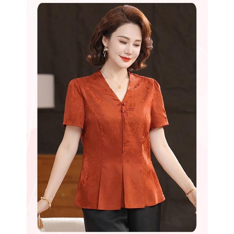 Damen chinesischer Stil V-Ausschnitt Bluse Kurzarm Blumenmuster Froschknopf Elegantes Oberteil für den Alltag