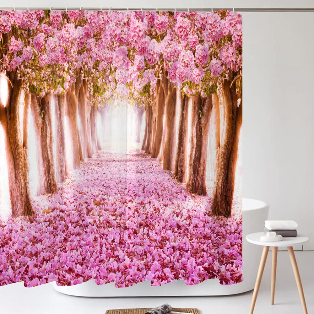1Pcs Pink flower printing waterproof shower curtain,  Rose flowers wall bathroom decorative curtain with plastic hooks