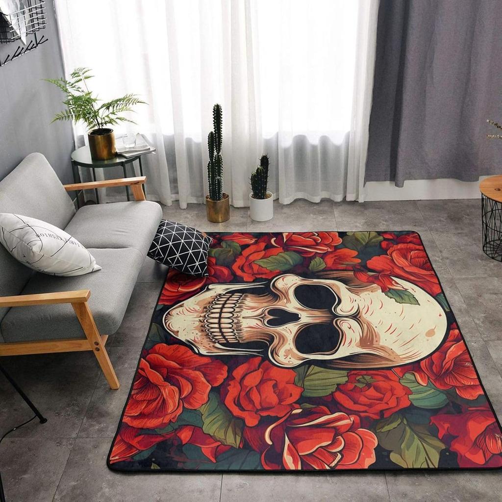 Non-Slip Doormat Low Profile Floor Mats Sugar Skull Rose Area Rug Entrance Mat Machine Washable Carpet for Bedroom Dining Room