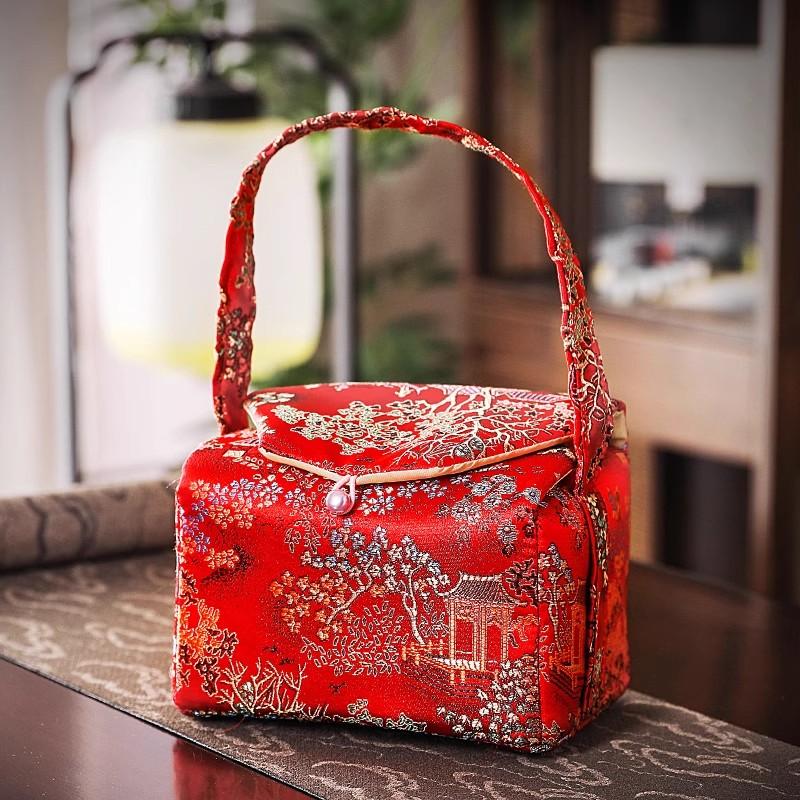 Printed Storage Bag with Cotton Lining, Small Travel Handbag Simple One-pot Two-Cup Set Teacup Bags