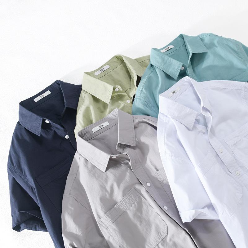 Summer Men's Casual Shirt Daily Pure Cotton Short Sleeve Shirt Lapel Collar Solid Color Double Pockets Shirt Youth Simple Style Men Clothing