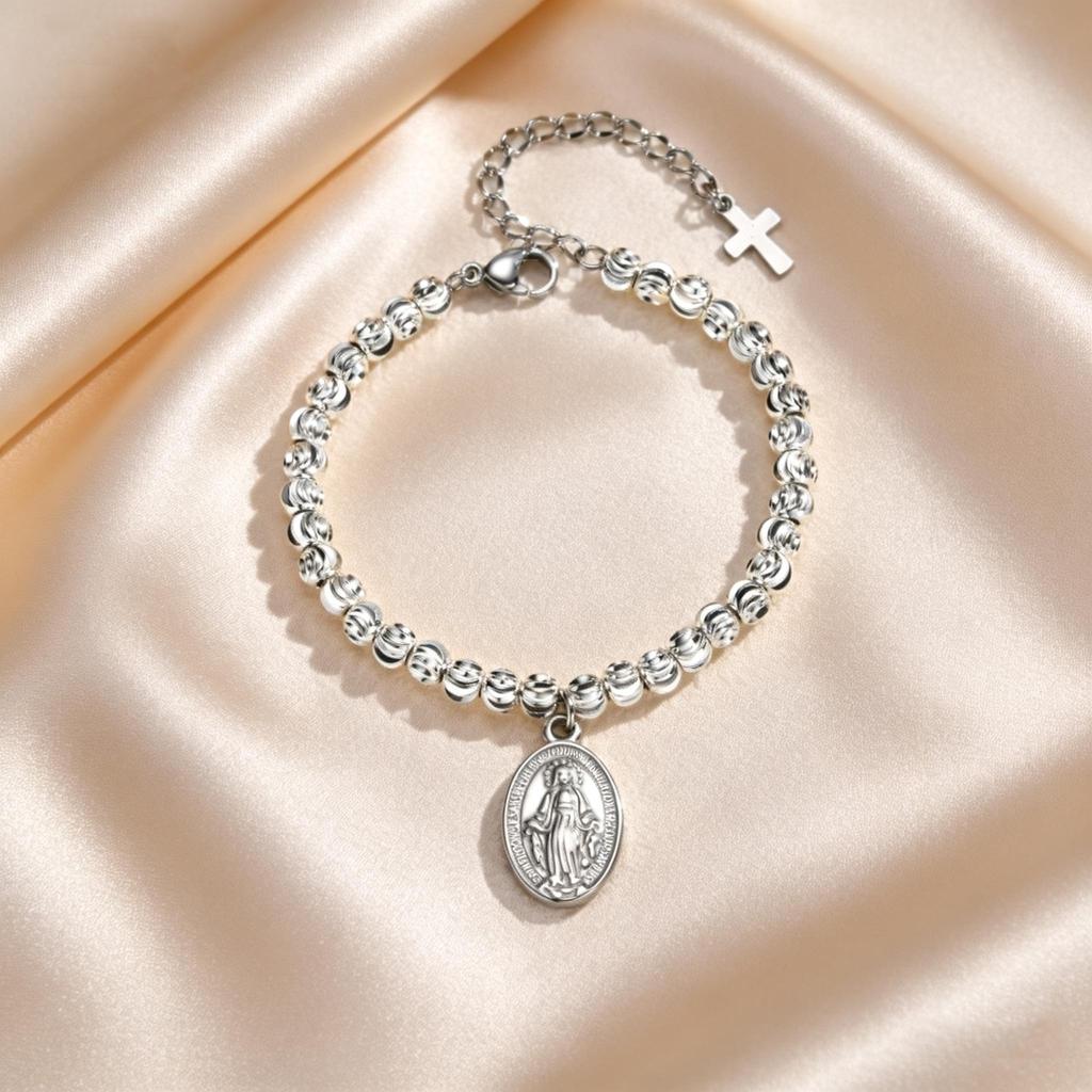 Bracciale a Catena con Perline Tricolore della Madonna Vergine Vintage per Donna, Bracciale Rosario Santo in Acciaio Inossidabile, Gioielli Religiosi alla Moda Regali