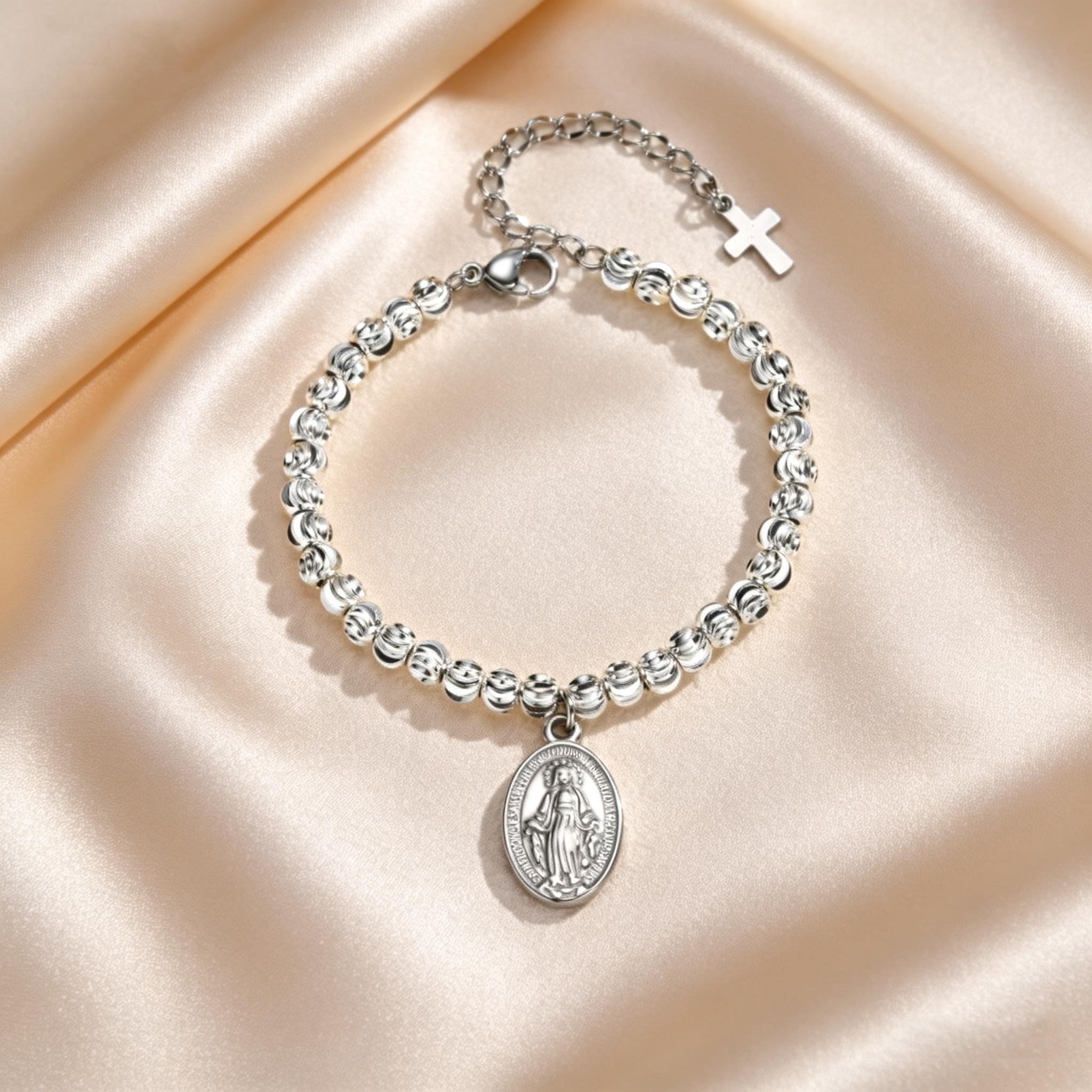 

Vintage Virgin Mary Tricolor Bead Chain Bracelet for Women, Stainless Steel Holy Rosary Bracelet, Fashion Religion Jewelry Gifts серебряный
